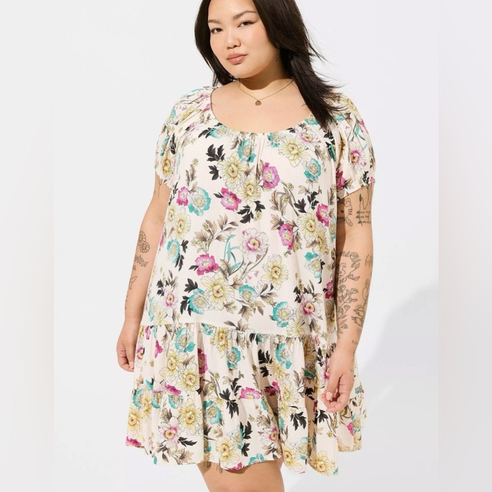 Torrid Mini Washable Gauze Puff Sleeve Tiered Trapeze Dress
